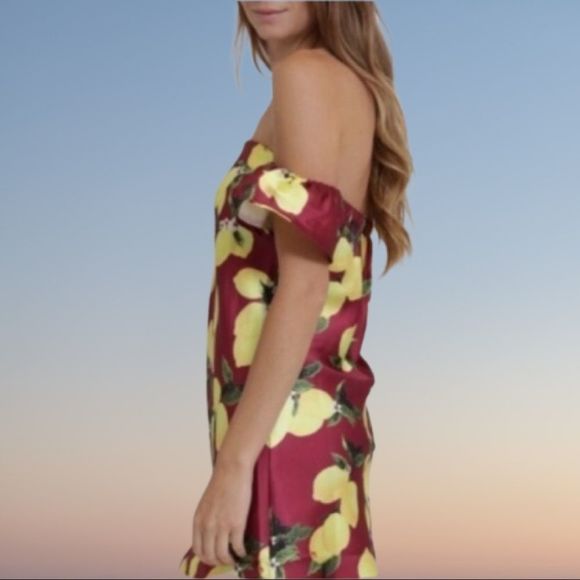 NWT, Lemon-Print Knee-Length Off Shoulder Dress in Dark Red - Med & Large - Picture 2 of 8